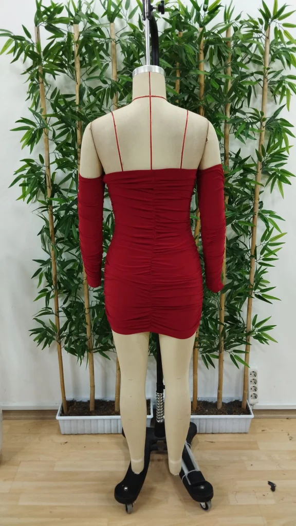 Women's Red Off-Shoulder Ruched Mini Dress with Long Sleeves - Janes - by Peralane - photo 6
