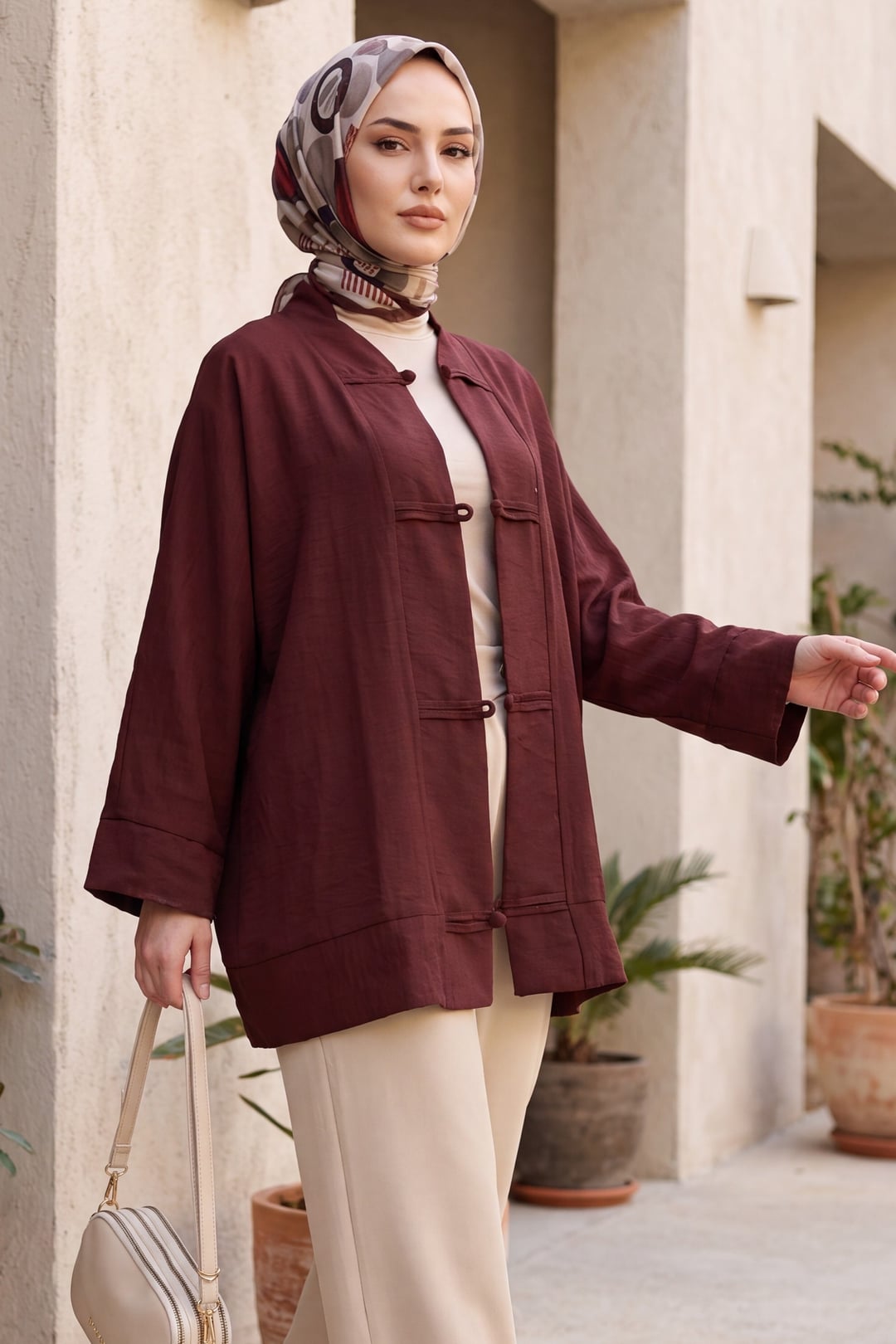 Bias-Trim Button V-Neck Organza Voile Oversize Kimono in Burgundy - Podyumplus - by Peralane - photo 8