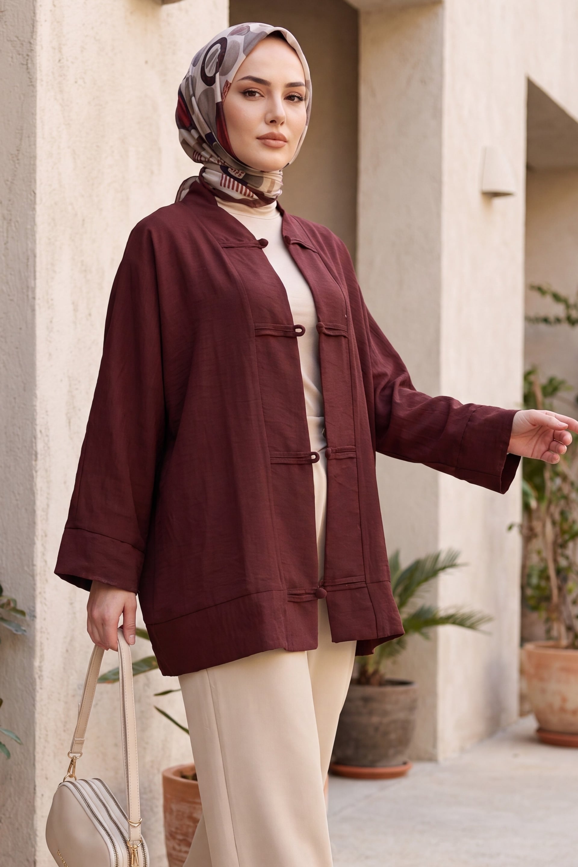 Bias-Trim Button V-Neck Organza Voile Oversize Kimono in Burgundy - Podyumplus - by Peralane - photo 8