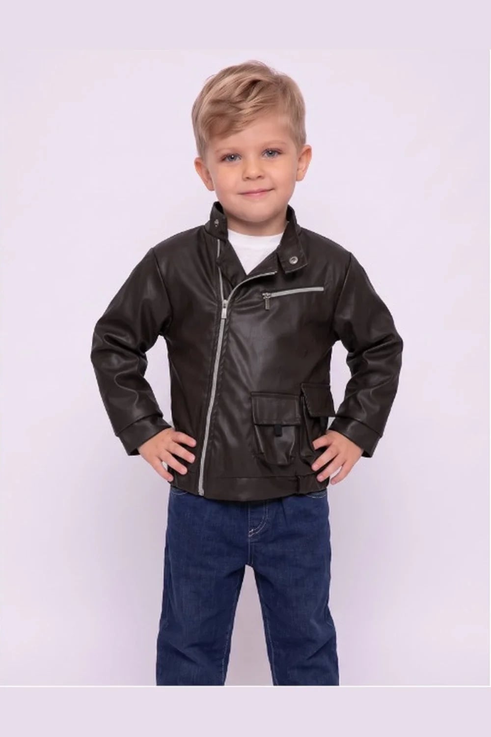 Boys' 3-Piece Set with Faux Leather Jacket - Siyah - Has Bereket - by Peralane