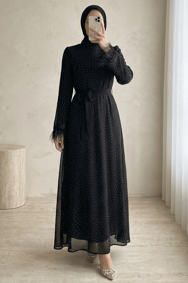 Feather Trim Sleeve Polka Dot Belted Dress - Black - Podyumplus - by Peralane