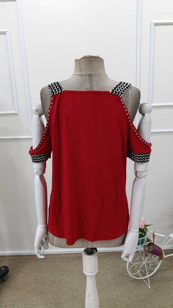 Women's Cold-Shoulder V-Neck Blouse with Gold Studs - Red - Janes - by Peralane - photo 7