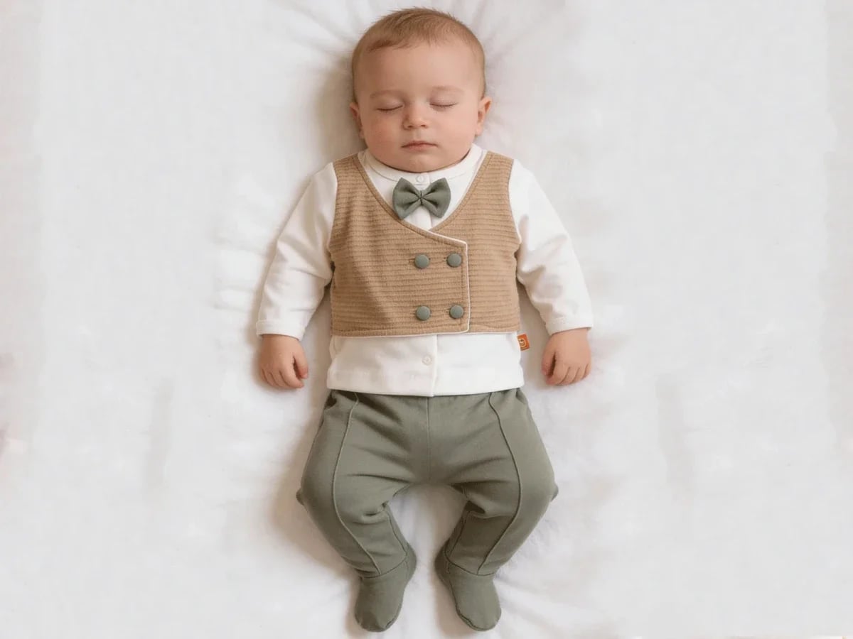 Newborn Baby Boy Set with Waistcoat and Bow Tie - Sage Green - Beyaz Bebek - by Peralane