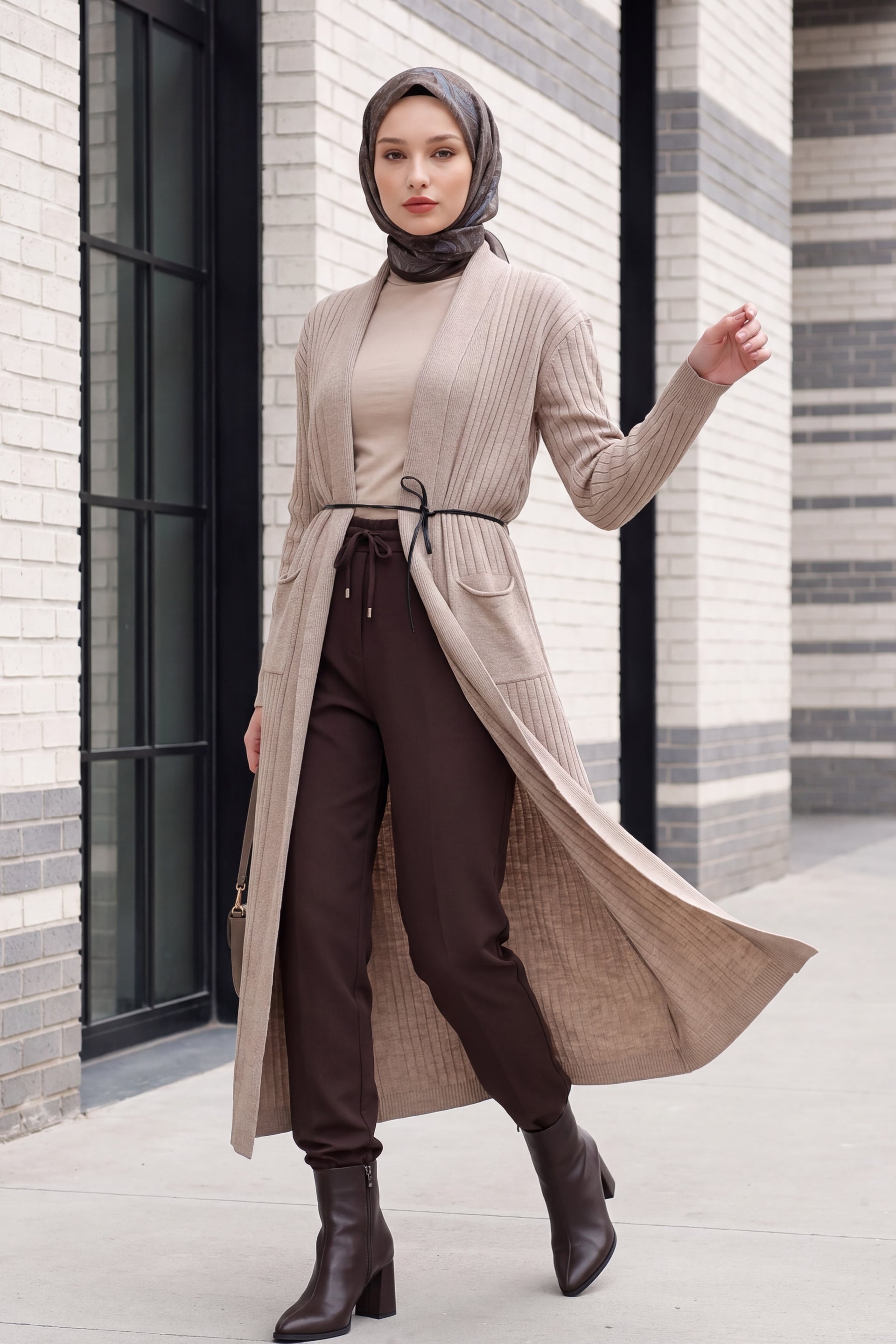Long Ribbed Knit Cardigan with Belt - Beige - Bigdart - by Peralane - photo 5