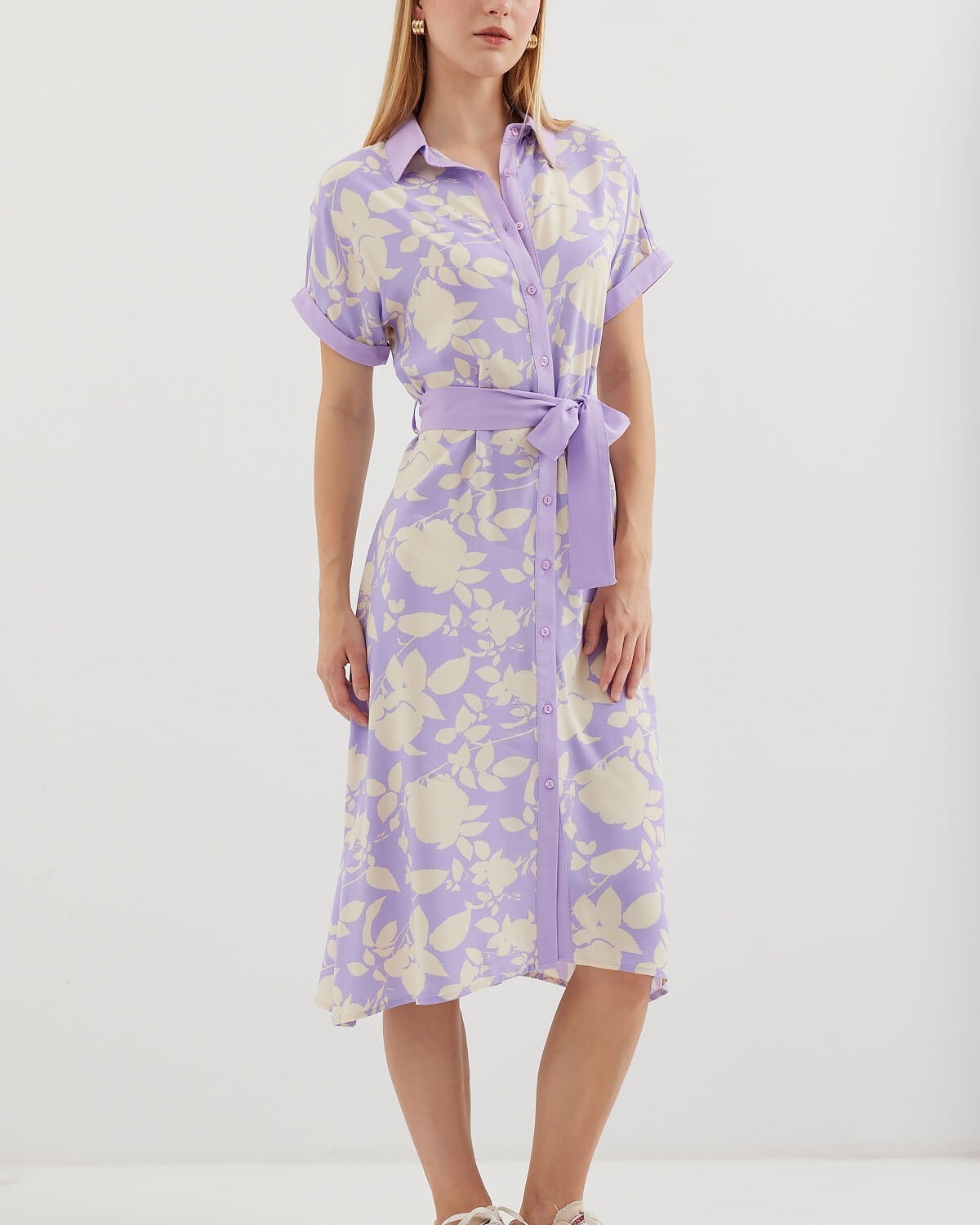 Lavender Floral Print Shirt Dress with Tie Belt - Wholeskop - by Peralane - photo 3