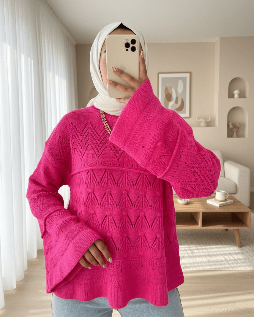 Biker Neck Cropped Knit Sweater with Pom Pom Details - Fuchsia - Podyumplus - by Peralane - photo 2