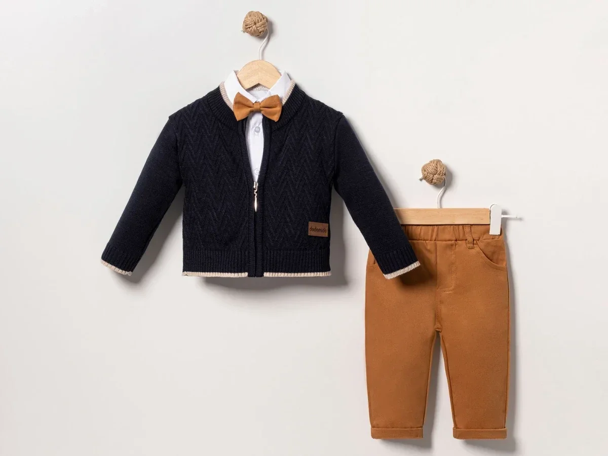 Baby Boy Bow Tie Knit Cardigan Set with Trousers - Eymus - by Peralane