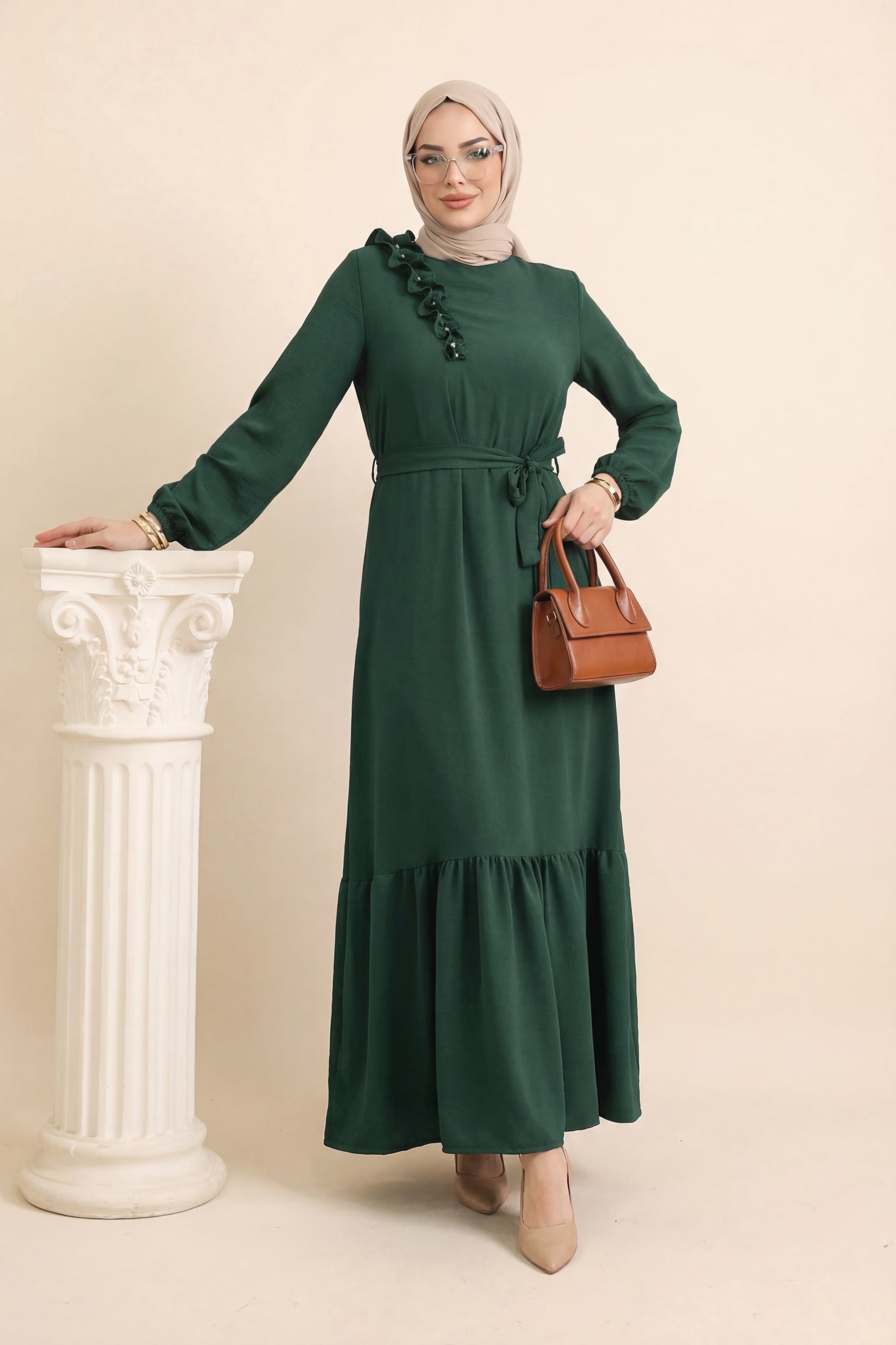Ruffled Beaded Tiered Maxi Dress with Belt - Emerald - Podyumplus - by Peralane - photo 3