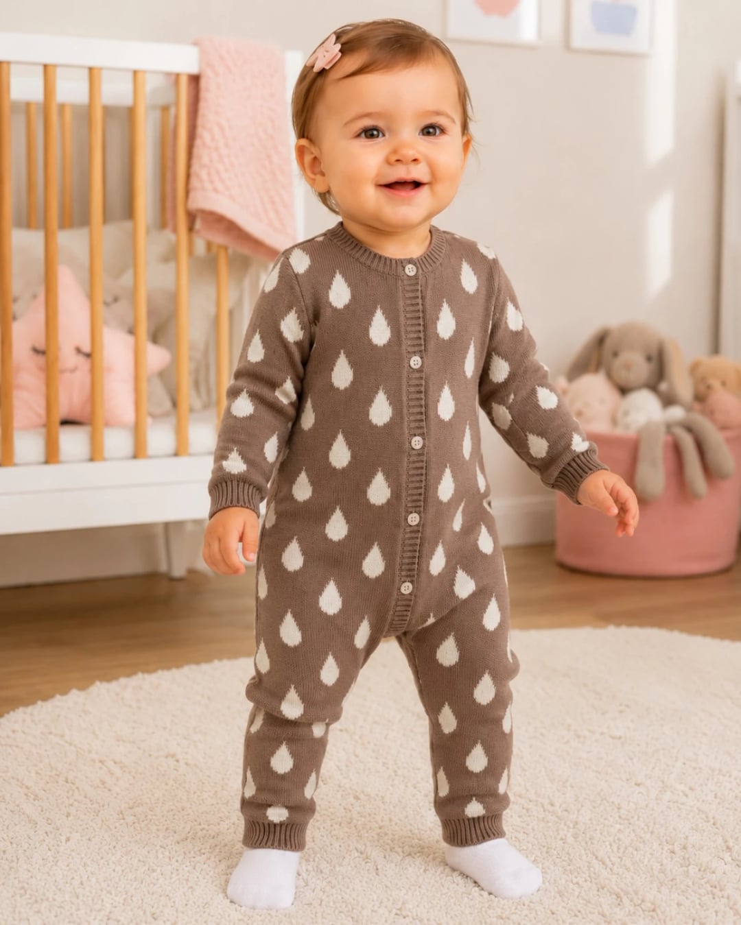 Knitted Baby Romper - Brown with White Raindrop Print - Has Bereket - by Peralane