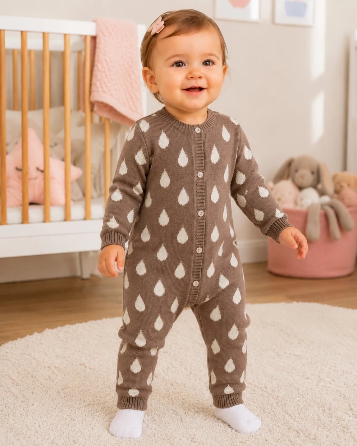 Knitted Baby Romper - Brown with White Raindrop Print - Has Bereket - by Peralane