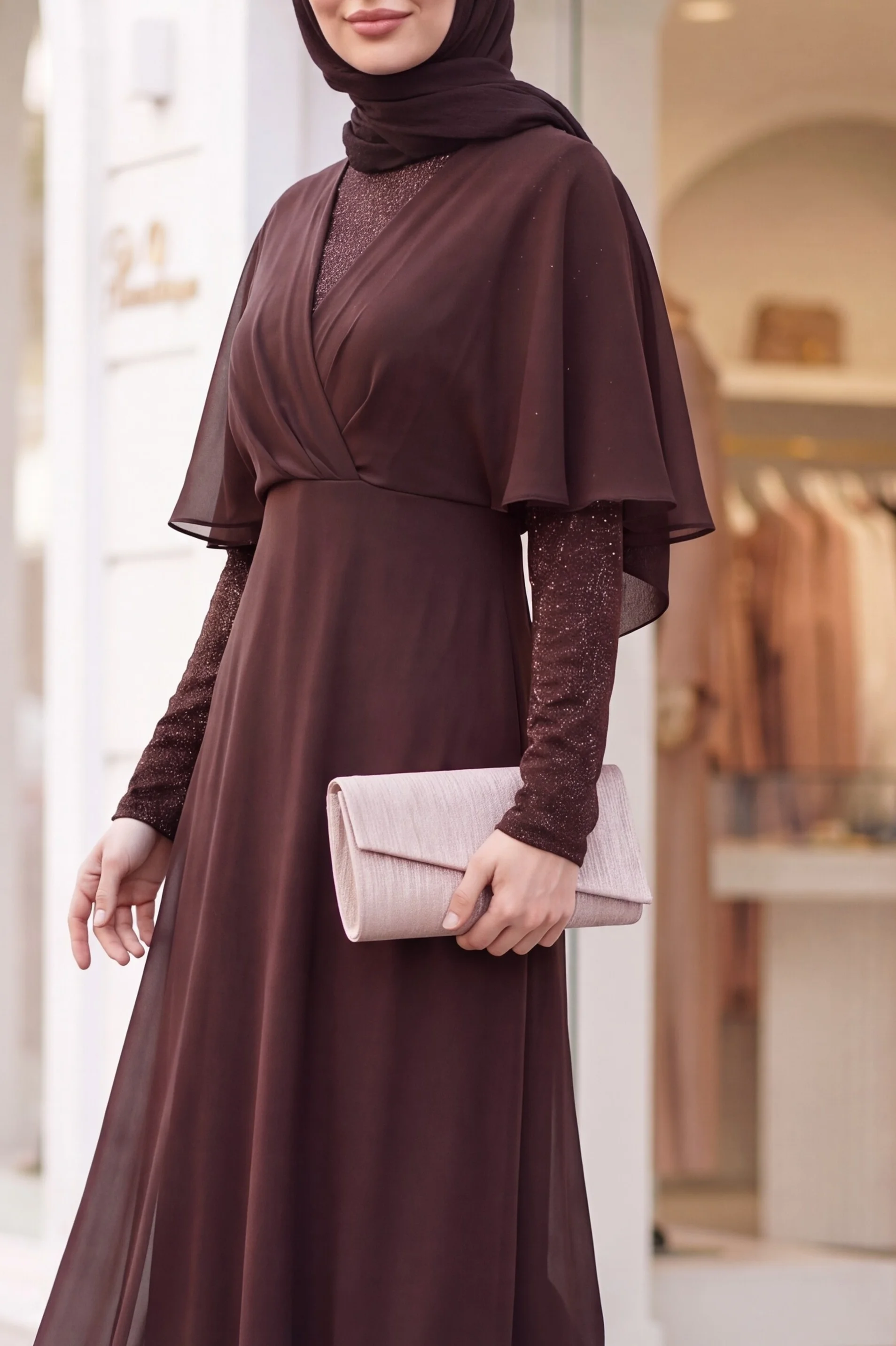 Sequin and Tulle Detail Long Evening Dress - Brown - Podyumplus - by Peralane