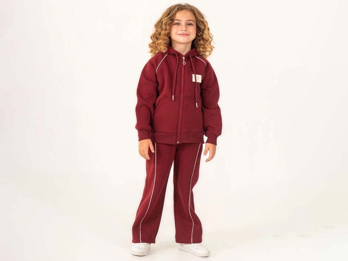 Girls' 3-Thread Brushed Knit Zip-Up Hooded Jacket and Trousers Set with Lace Trim - Burgundy - Lumii - by Peralane