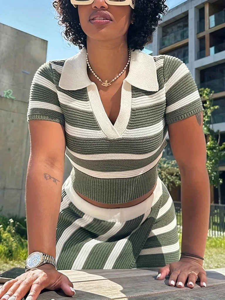 Women's Striped Knit Co-ord Set with Cropped Polo Top and Mini Skirt - Janes - by Peralane - photo 5