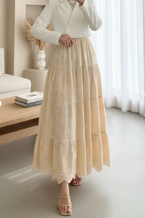 Eyelet Embroidered Tiered Maxi Skirt - Beige - Podyumplus - by Peralane - photo 2