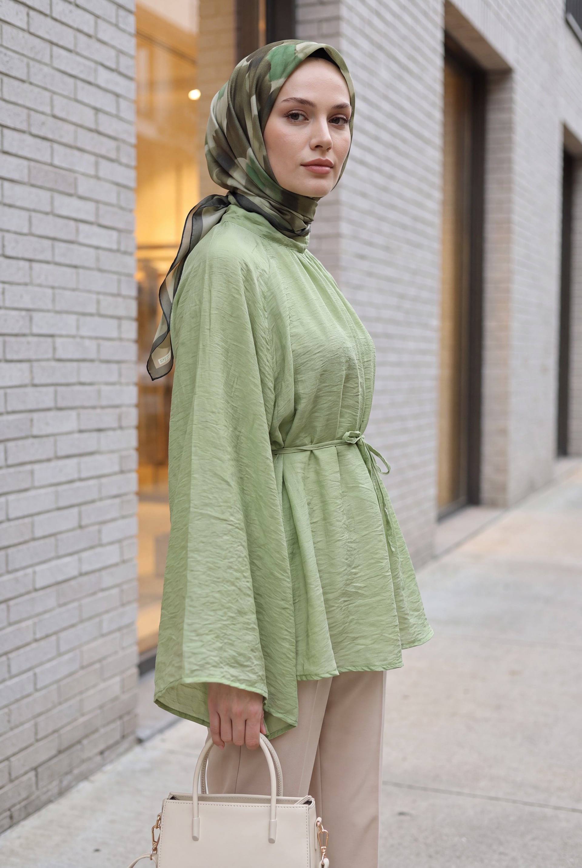 Hakim Collar Belted Lined Spanish Sleeve Oversize Lyocell Tunic - Pale Green - Podyumplus - by Peralane - photo 6