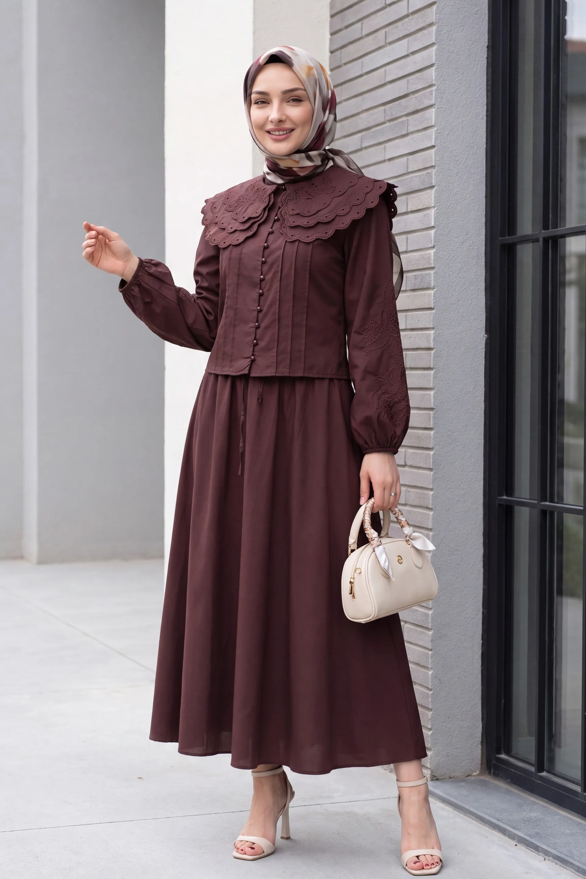 Wide Collar Tie-Neck Poplin Two-Piece Set with Lined Skirt - Burgundy - Podyumplus - by Peralane - photo 2