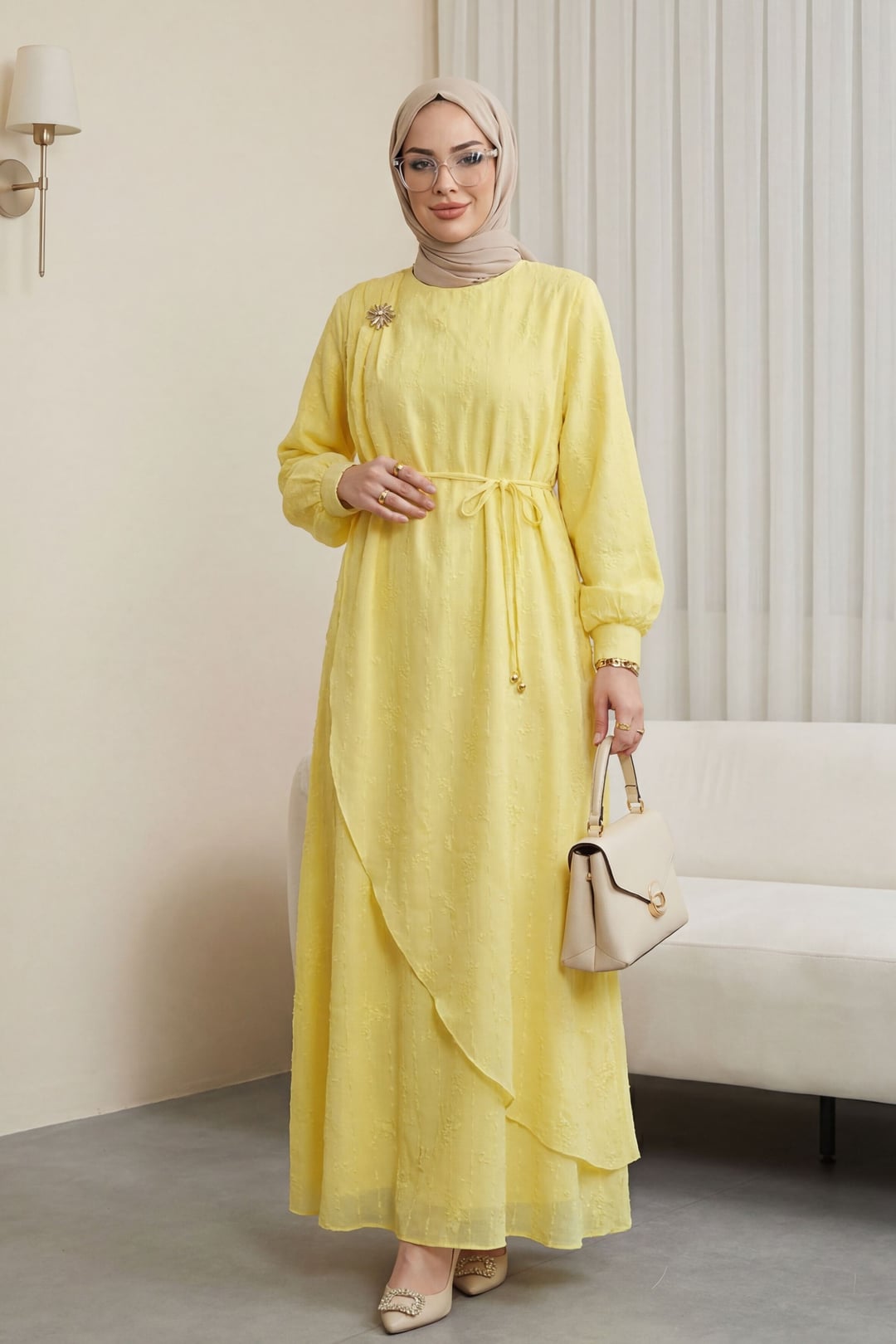 Double-Layer Wrap Brooch Lined Linen-Look Dress - Yellow - Podyumplus - by Peralane - photo 5