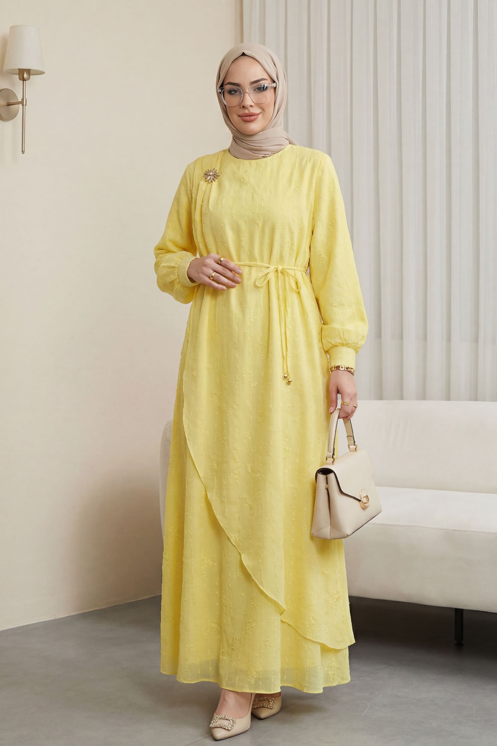 Double-Layer Wrap Brooch Lined Linen-Look Dress - Yellow - Podyumplus - by Peralane - photo 5