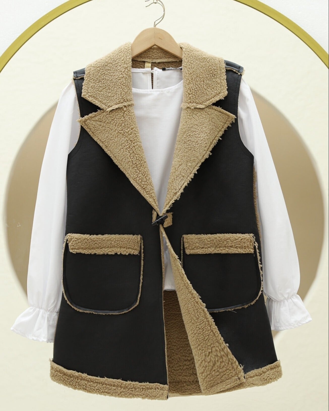 Women's Faux Fur Trim Vest with Toggle Closure - Tan - Podyumplus - by Peralane - photo 2