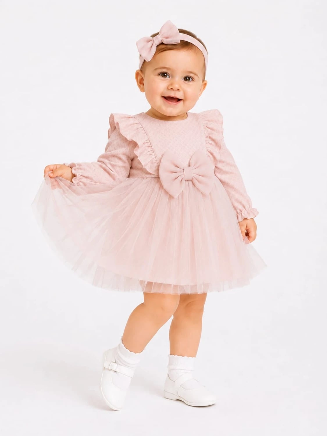 Ruffled Baby Dress and Headband Set - Pale Pink (Pack of 4) - Serkon Baby - by Peralane