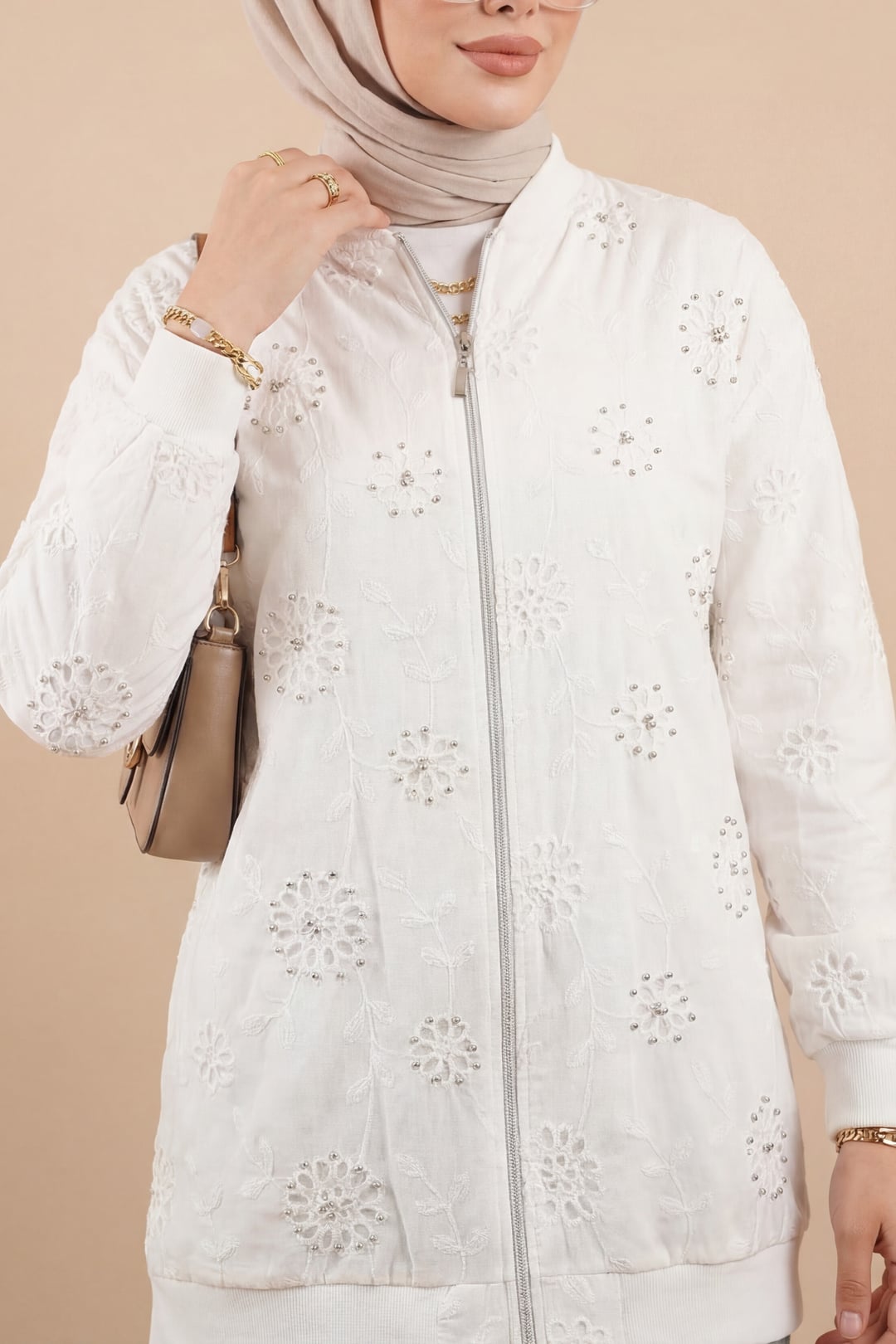 Zippered Lined Rhinestone and Beaded Tunic - White - Podyumplus - by Peralane - photo 3