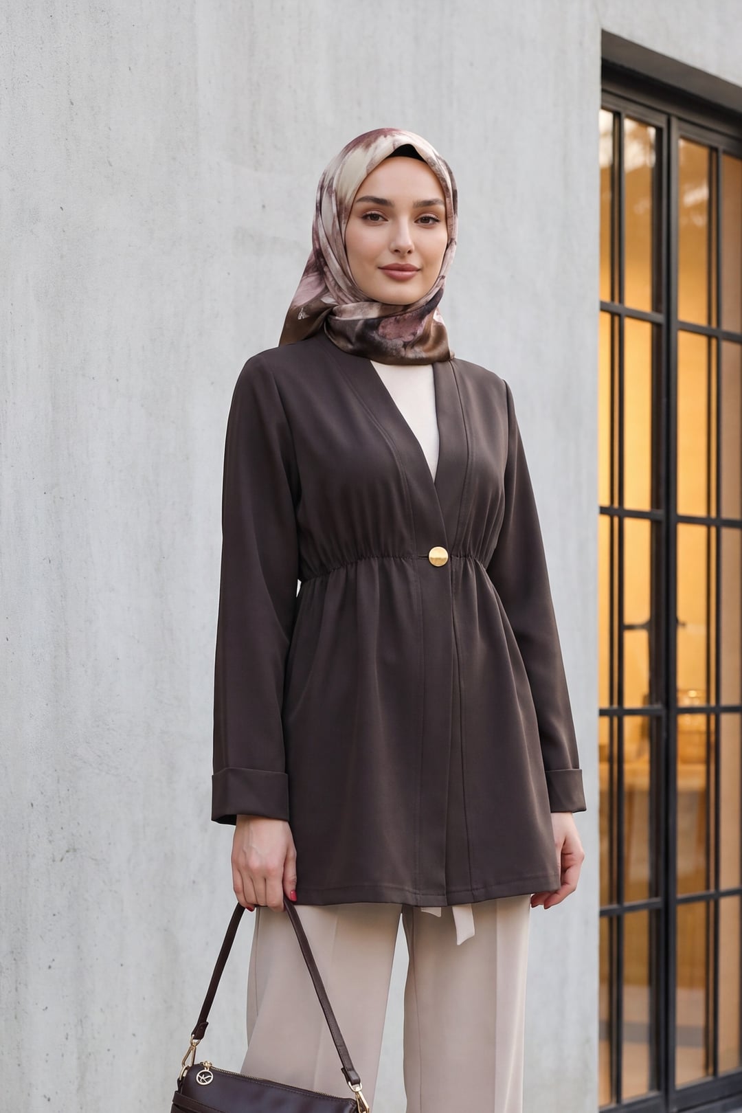 Elasticated Waist Single Button Crepe Kimono Jacket - Dark Brown - Podyumplus - by Peralane