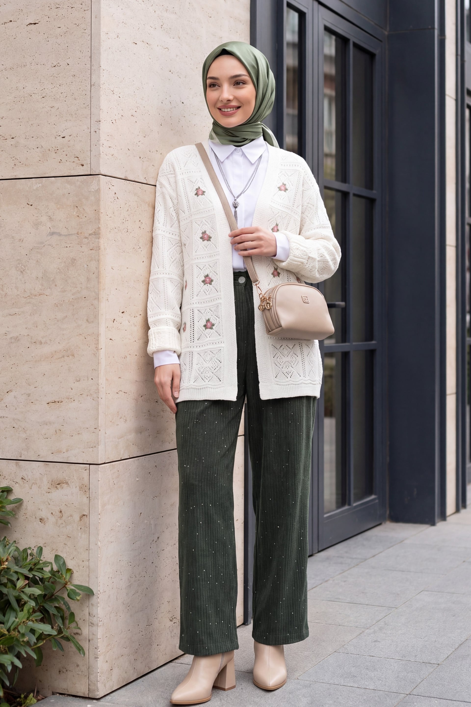 Open Front Embroidered Knit Cardigan - Ecru - Podyumplus - by Peralane - photo 4