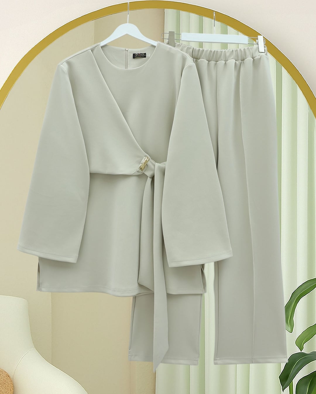 Beige Wrap Front Scuba Co-ord Set with Tunic and Trousers - Podyumplus - by Peralane - photo 3