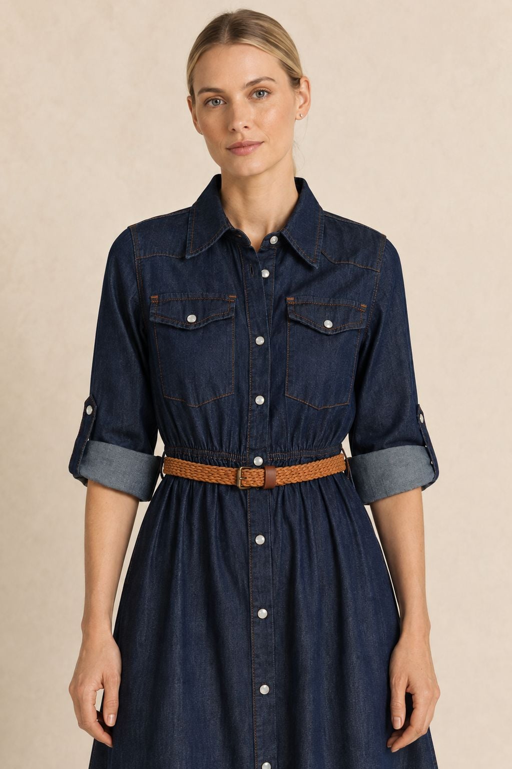 Burgu Detail Short Denim Shirt Dress with Belt - Navy - Xlove - by Peralane