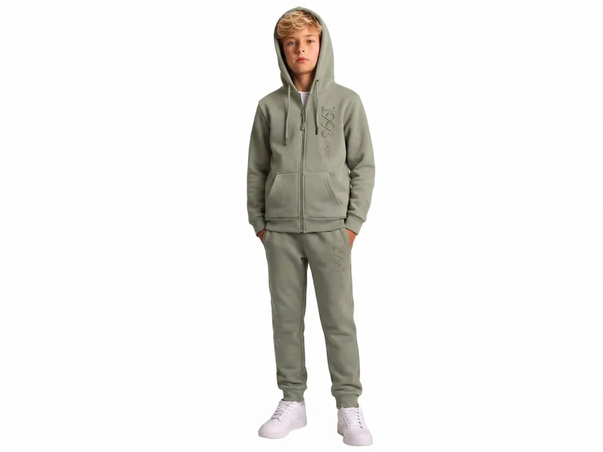 1993 Embroidered Kangaroo Pocket Hooded 3-Thread Brushed Boys' Tracksuit Set - Koska - by Peralane