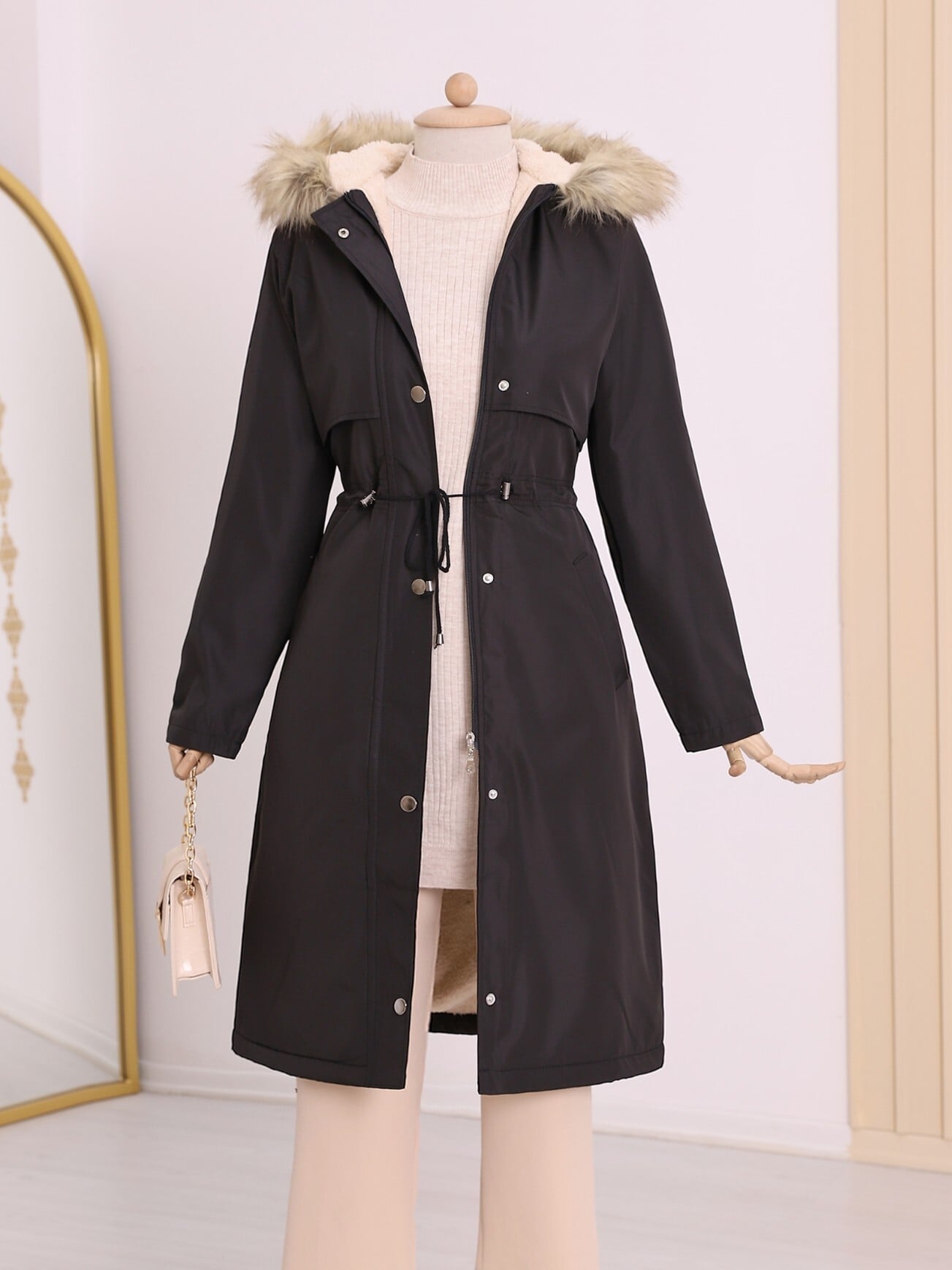 Black Long Coat with Hood, Faux Fur Trim and Drawstring Waist - Podyumplus - by Peralane - photo 3