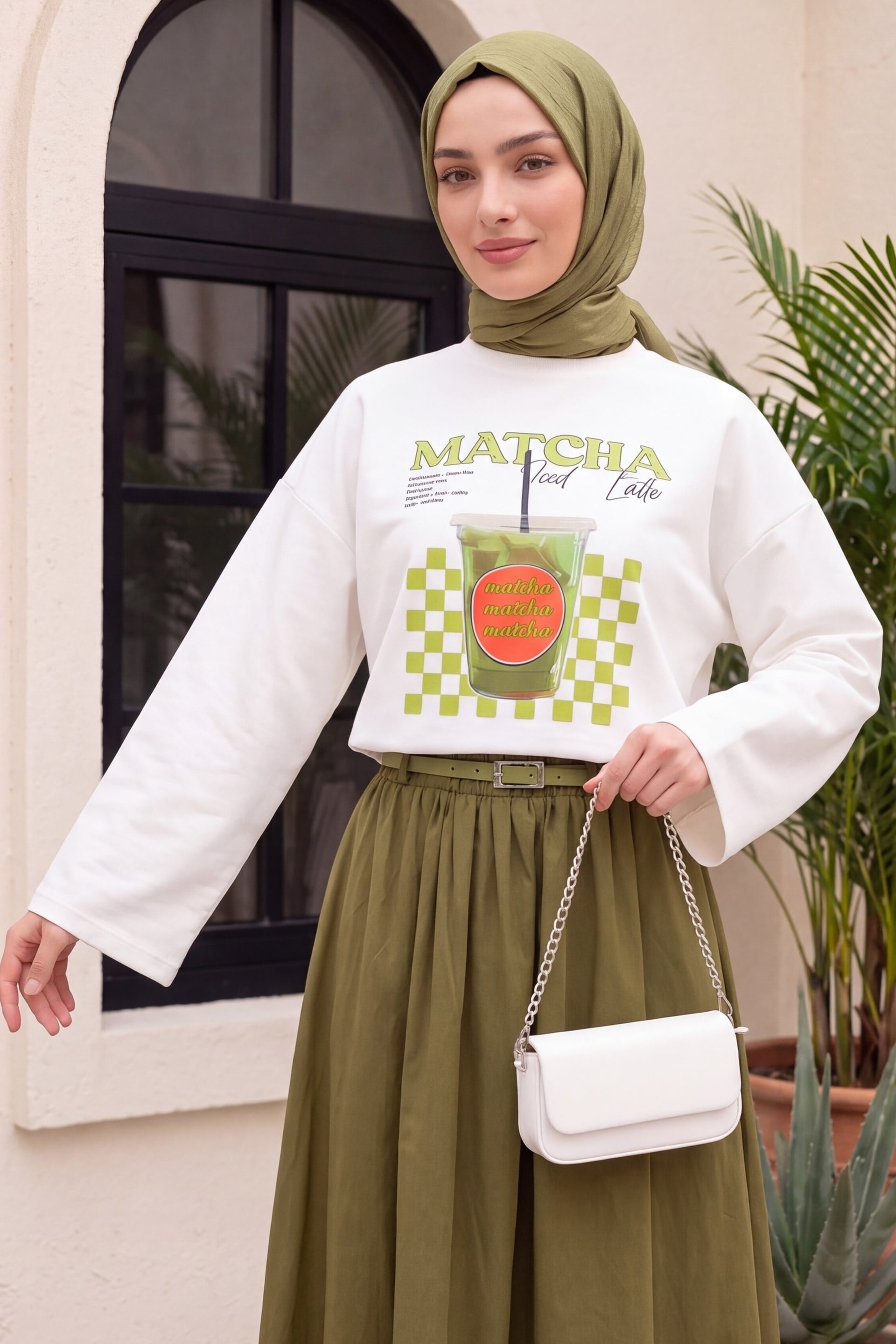 Matcha Print Crew Neck Oversize 2-Thread Fleece Sweatshirt - Ecru - Podyumplus - by Peralane