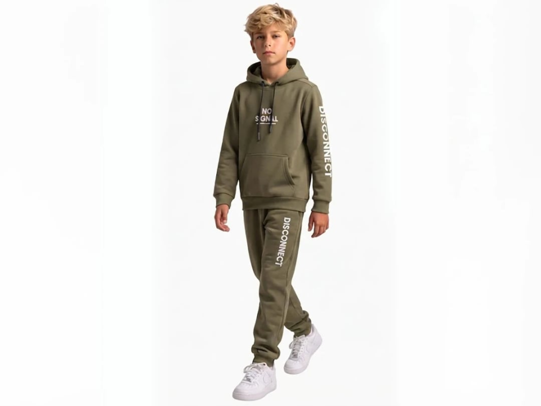 Boys' Hooded Tracksuit Set with Print - Olive Green - Koska - by Peralane