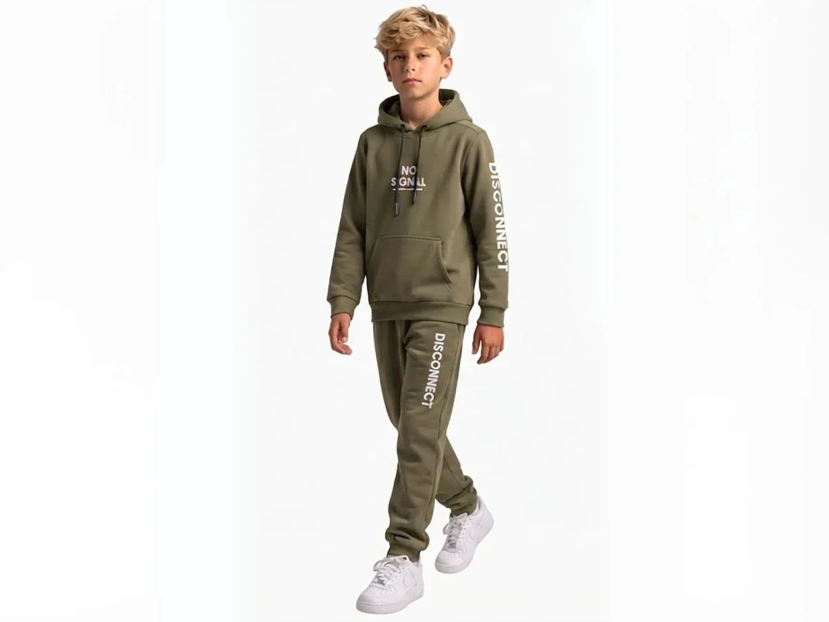 Boys' Hooded Tracksuit Set with Print - Olive Green - Koska - by Peralane