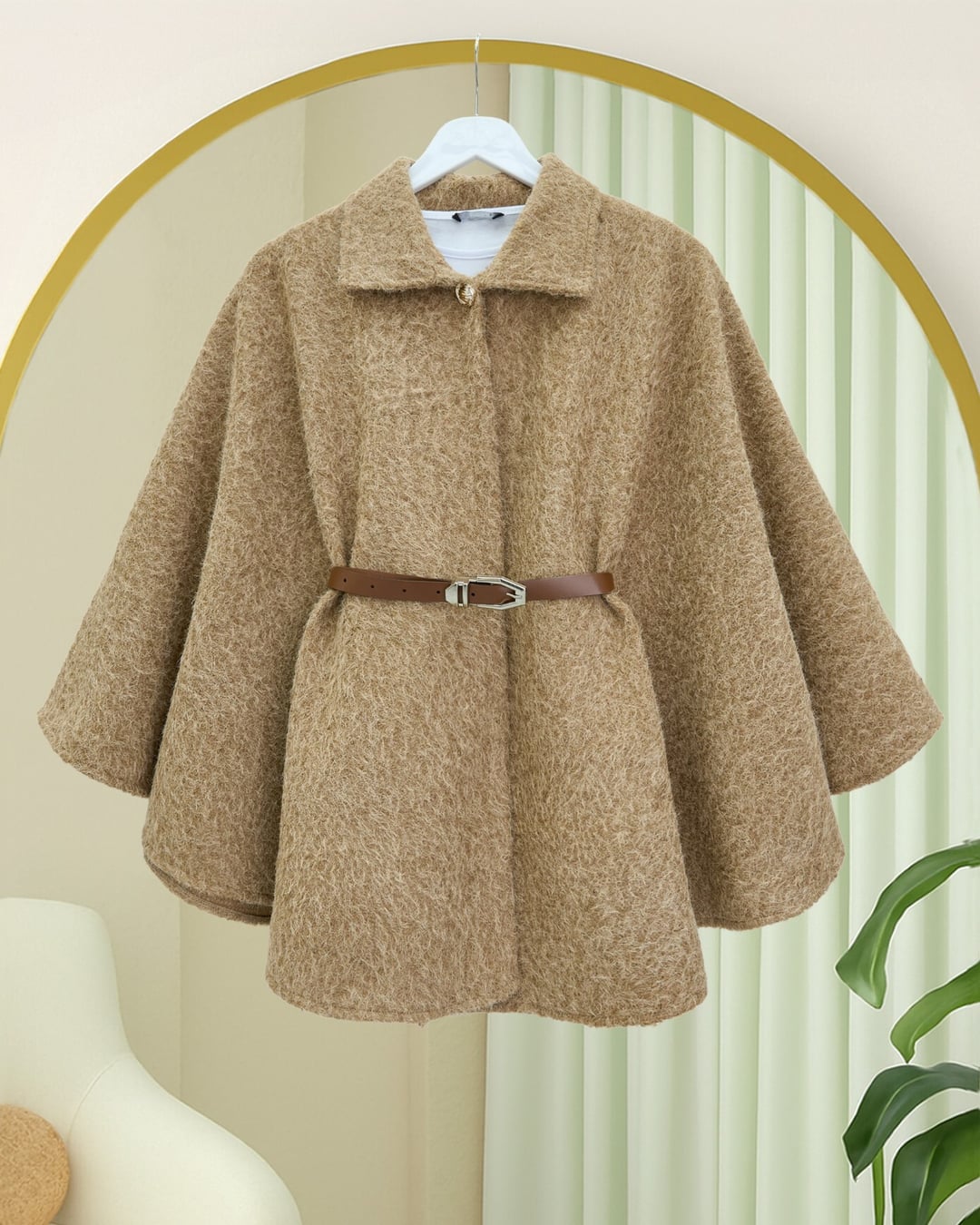 Single-Button Belted Mohair-Look Cape - Mink - Podyumplus - by Peralane - photo 3