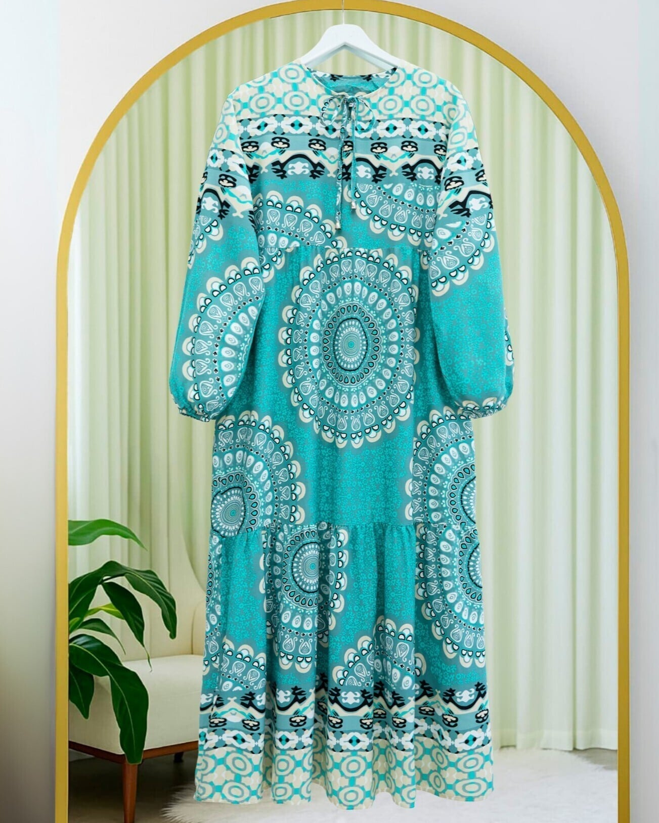 Mint Mandala Print Tie Neck Long Sleeve Tiered Dress - Podyumplus - by Peralane - photo 2