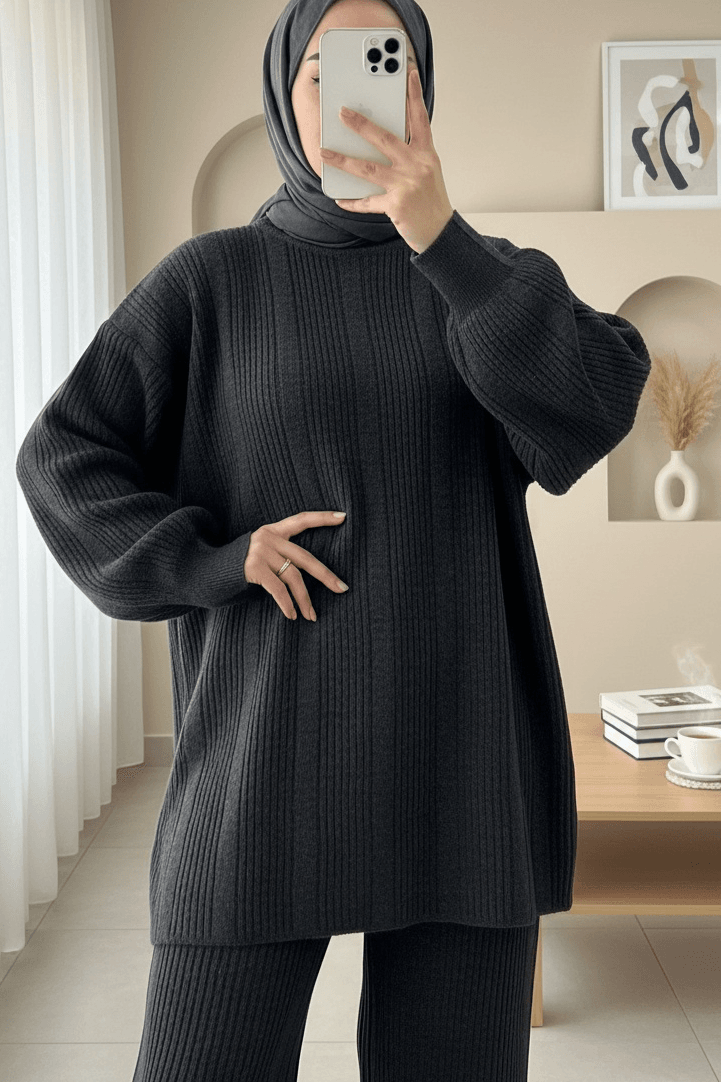 Crew Neck Balon Kol Knit Set - Antrasit - Podyumplus - by Peralane