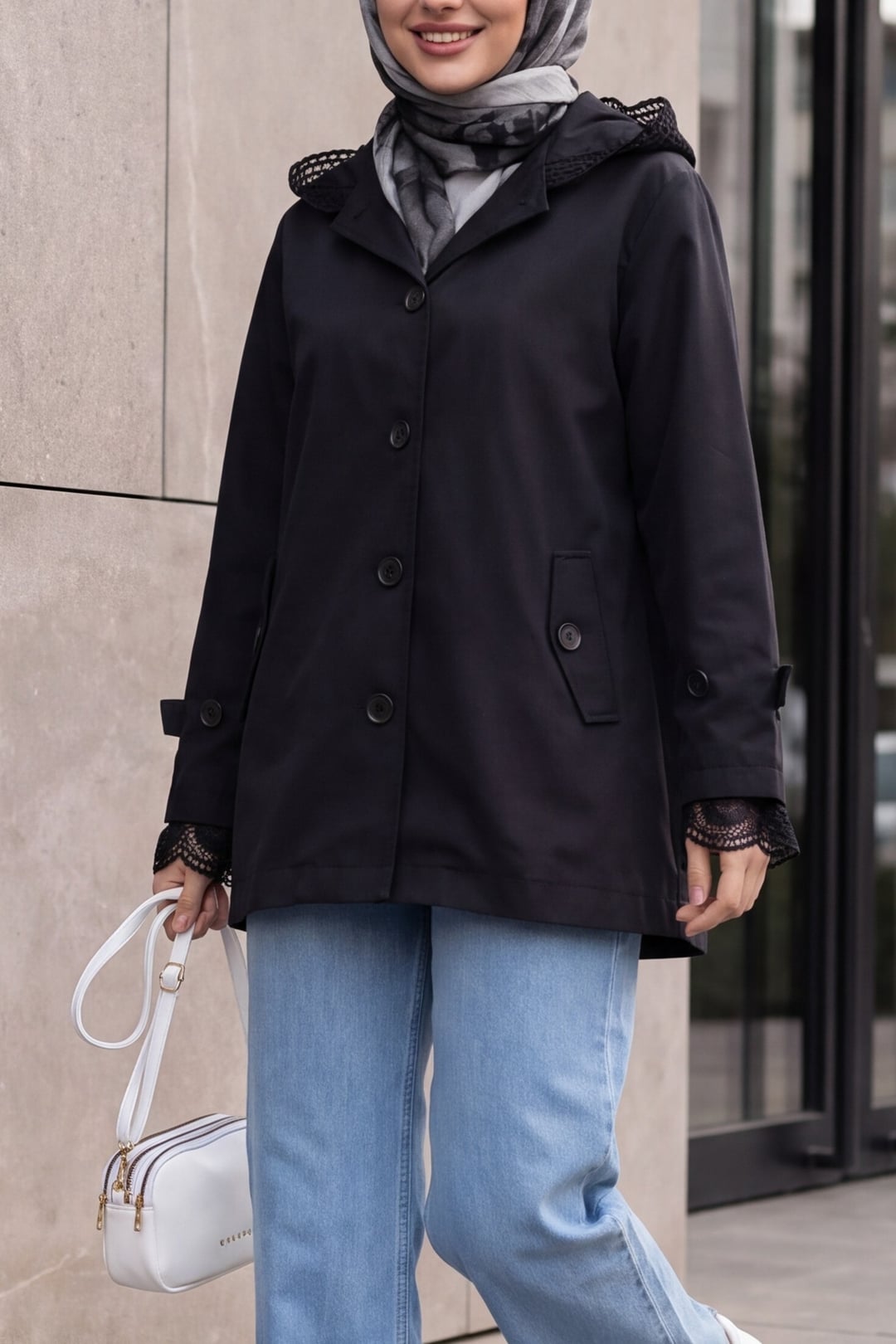 Black Jacket with Lace Trim on Sleeves and Hood - Podyumplus - by Peralane