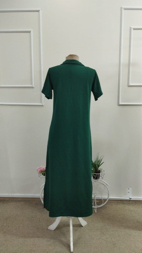 Women's Short Sleeve Collared Zipper Long Viscose Two-Thread Dress in Dark Green - Janes - by Peralane - photo 6