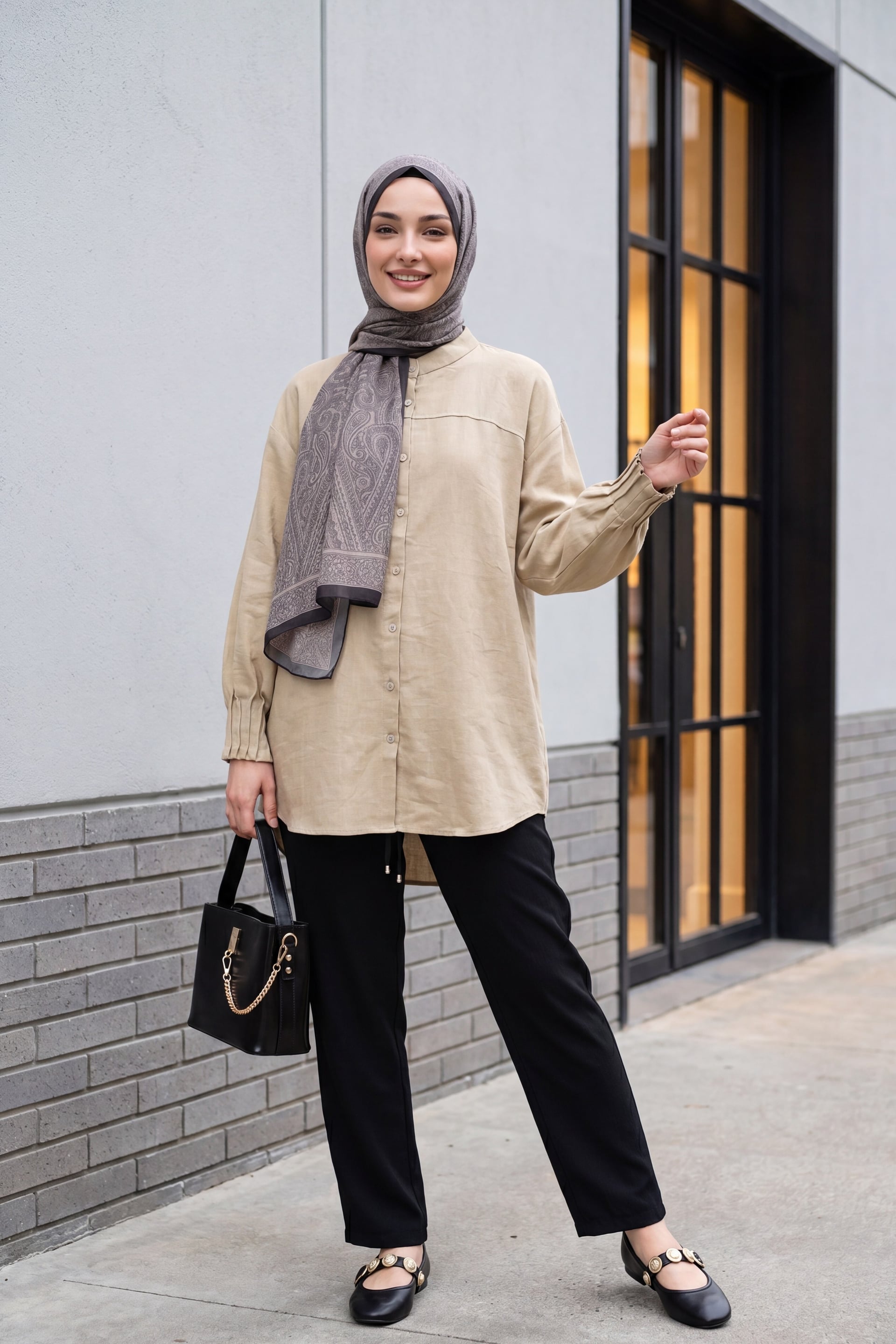 Oversize Beige Tunic Shirt with Band Collar and Pleated Cuffs - Podyumplus - by Peralane - photo 8