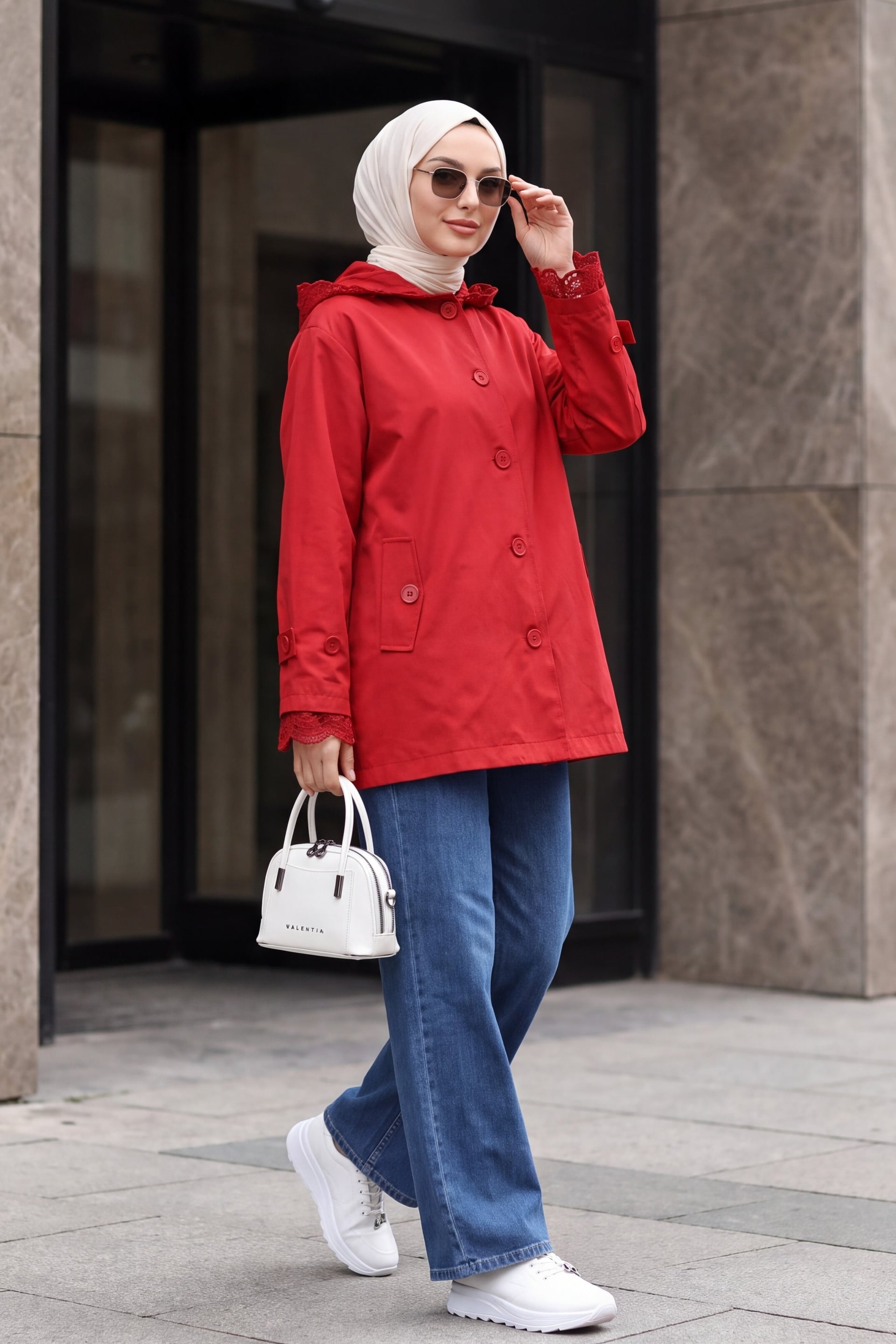 Lace Trim Hooded Button Jacket - Red - Podyumplus - by Peralane - photo 5