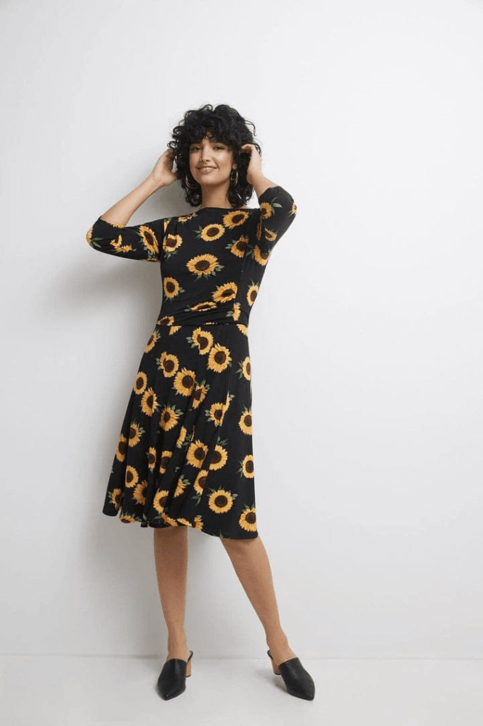 Women's Black Sunflower Print Midi Dress with Three-Quarter Sleeves - Janes - by Peralane
