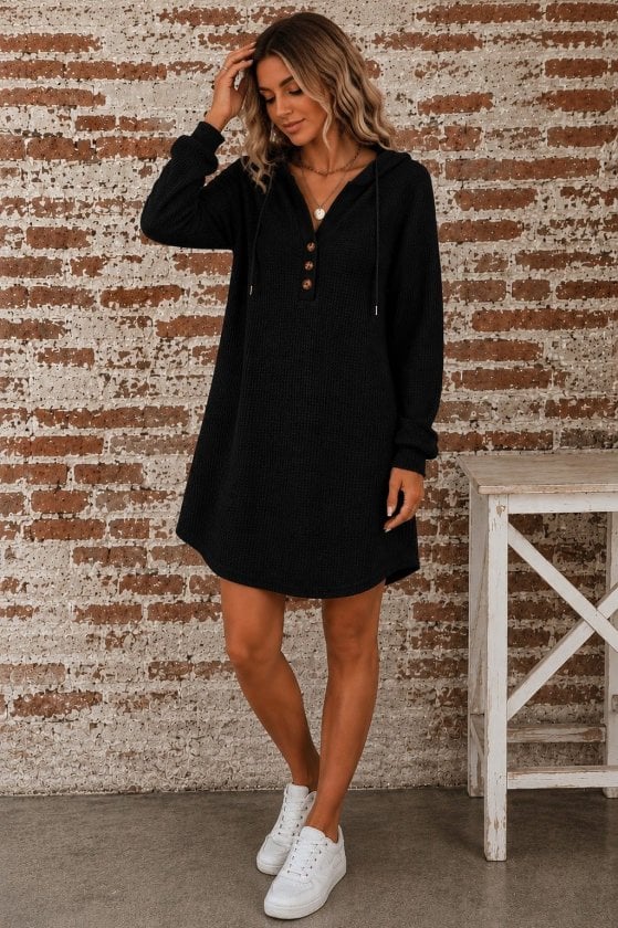 Women's Long-Sleeve Button Hooded Short Waffle Dress - Janes - by Peralane - photo 2