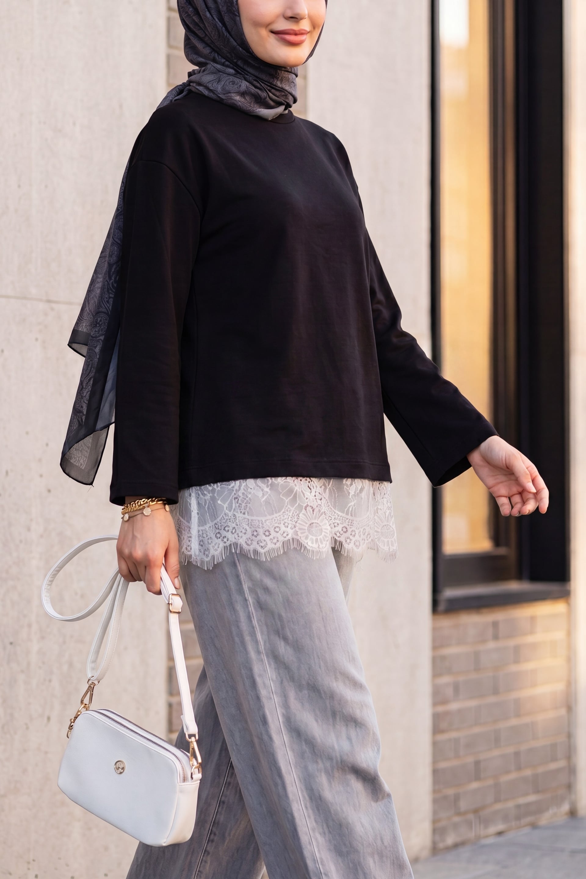 Black Knit Tunic with Lace Hem - Crew Neck Long Sleeve - Podyumplus - by Peralane