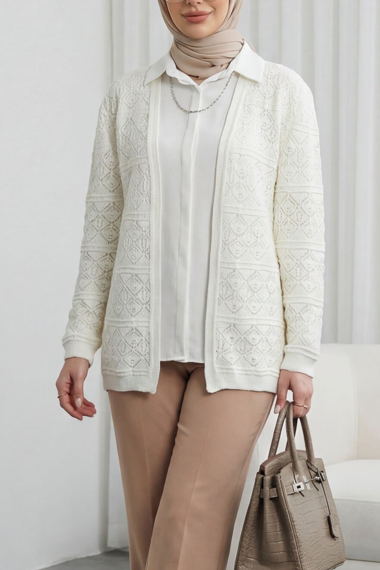 Square Patterned Openwork Relaxed Fit Knit Cardigan - White - Podyumplus - by Peralane