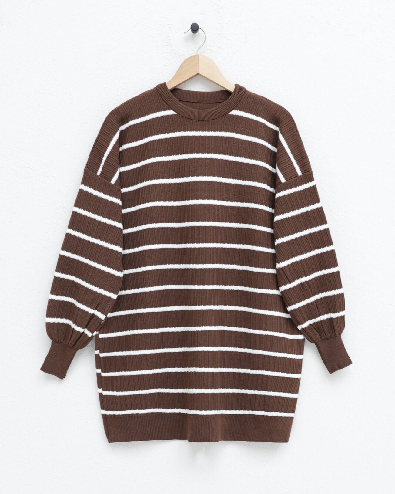 Crew Neck Ribbed Knit Tunic - Brown - Podyumplus - by Peralane - photo 2