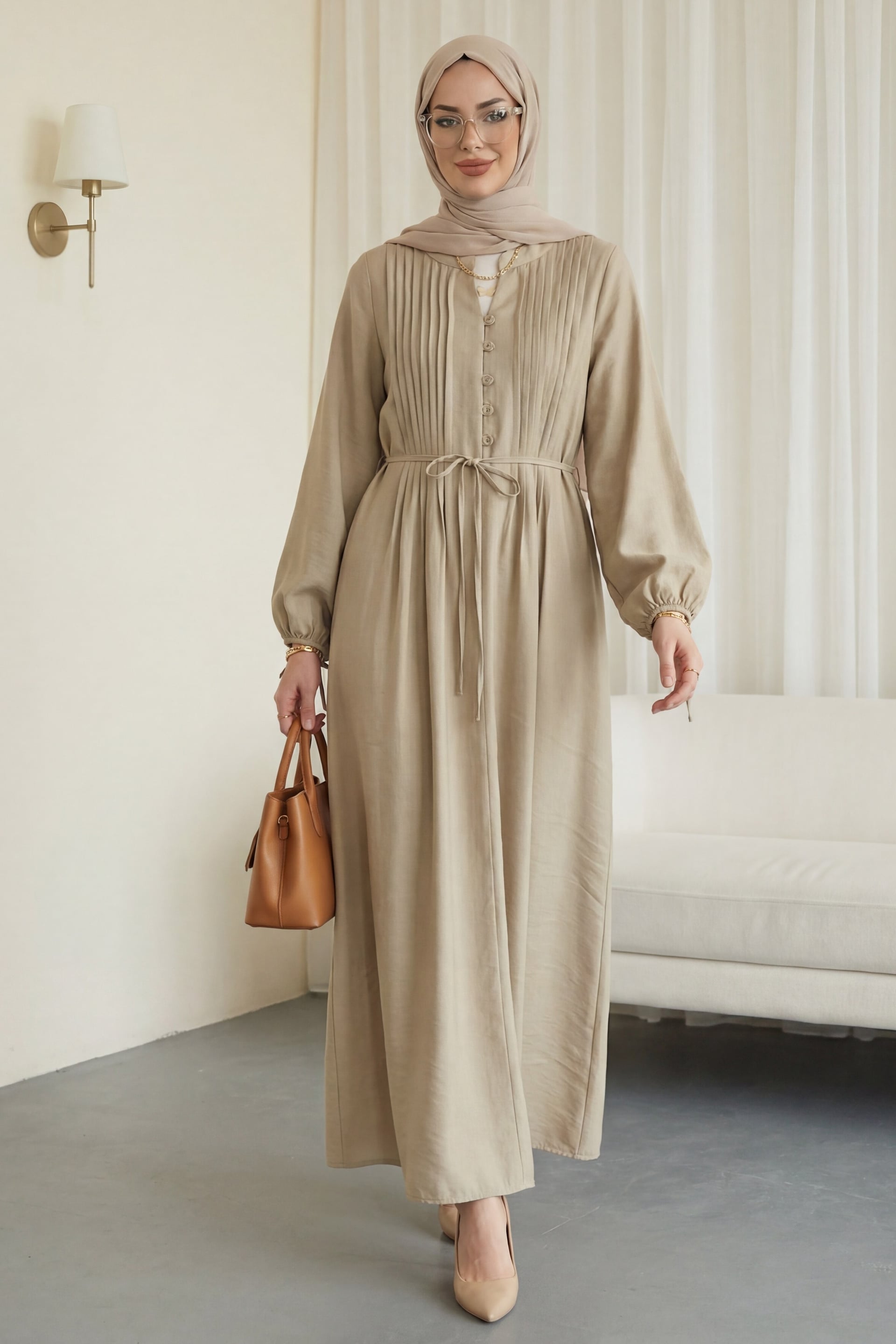 Half Button Ribbed Tie Waist Tencel Dress - Beige - Podyumplus - by Peralane - photo 3