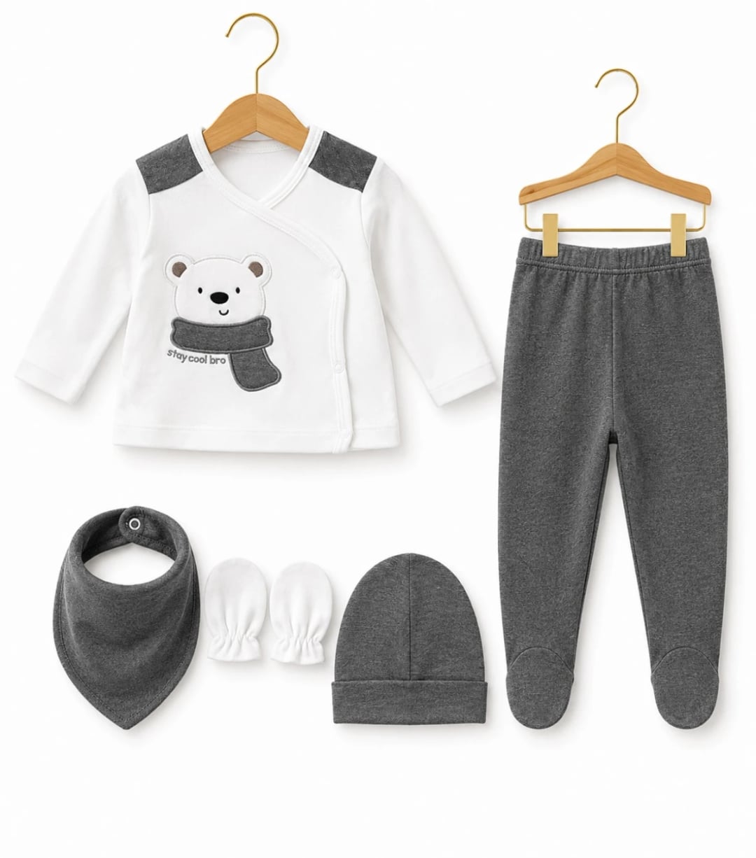 Newborn 5-Piece Cotton Set in Anthracite with Polar Bear Print - Has Bereket - by Peralane