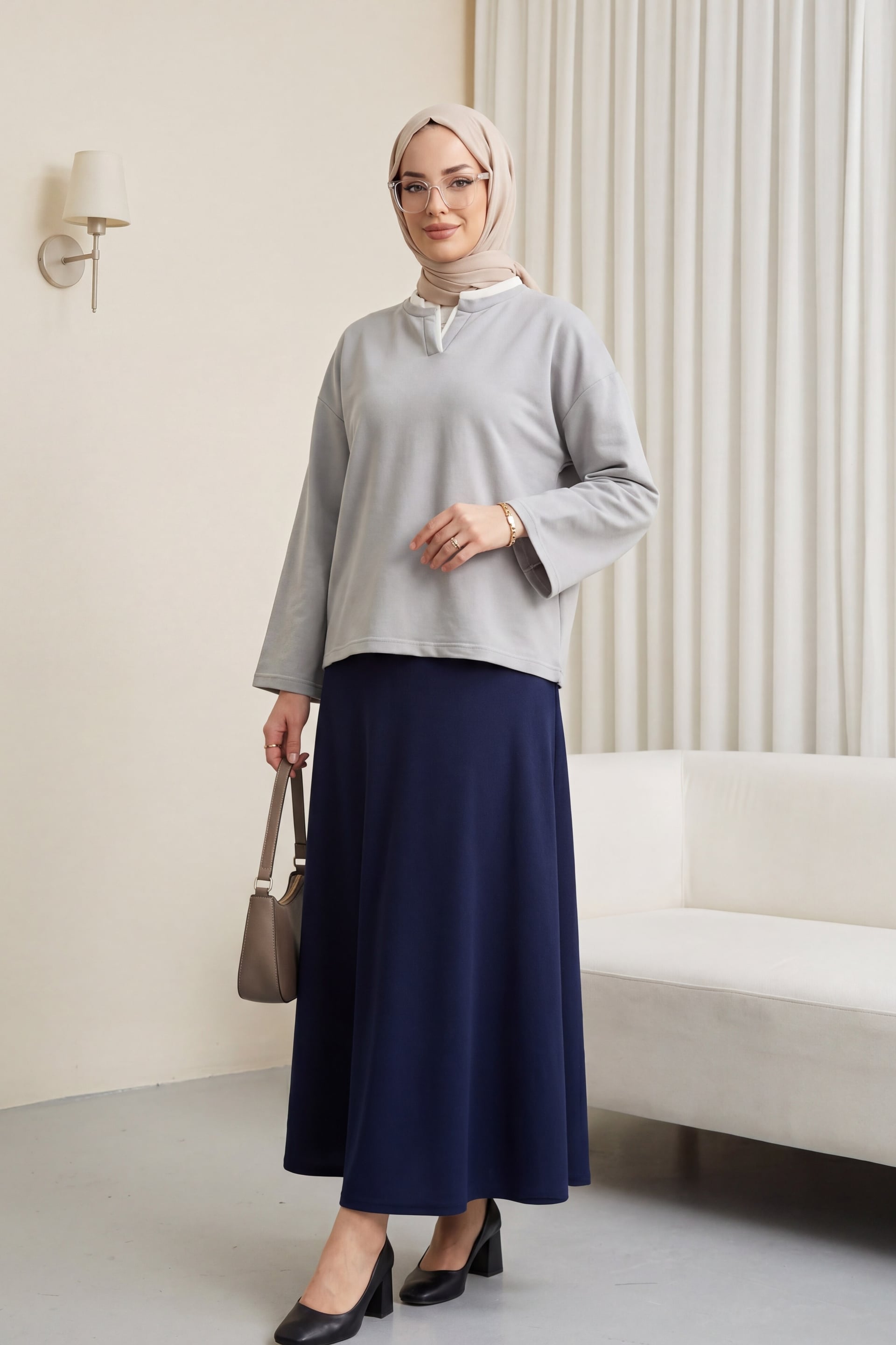 V-Neck Double-Layer 2-Thread Jersey Blouse - Grey - Podyumplus - by Peralane - photo 2
