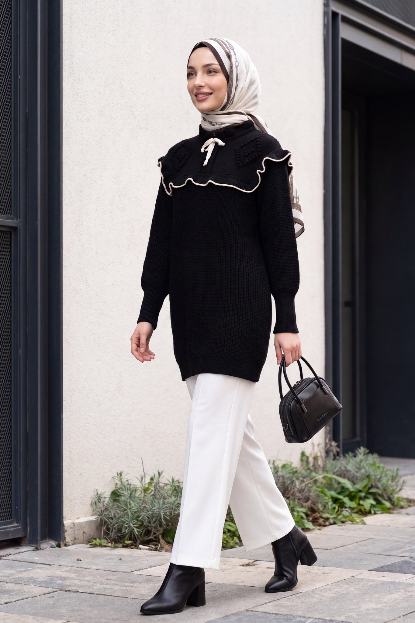 Ruffled Trim Knit Tunic with Bow Detail - Black - Podyumplus - by Peralane - photo 6